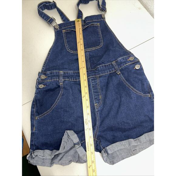 ModCloth Denim Shortall Overall Shorts Womens Medium Blue Stretch Cuffed Bibs E1 - Picture 13 of 13